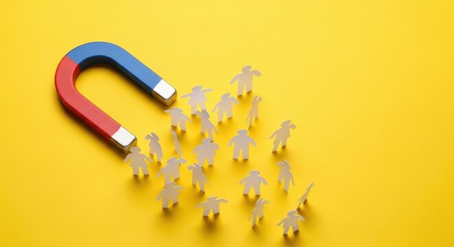 Red and Blue Horseshoe Magnet Attracting Paper People Figures on Yellow Background - Marketing and Lead Generation Concept