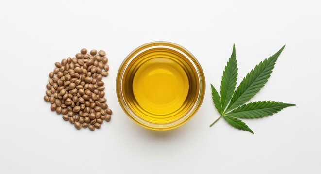 Hemp Seeds, CBD Oil in Glass Bowl and Fresh Cannabis Leaf on White Background - Natural Wellness Concept