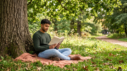Obraz premium Young man reading a book under a tree while sitting on a blanket 