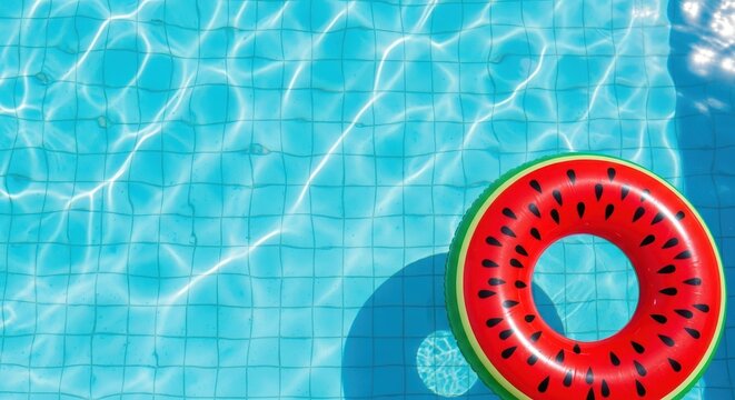 Watermelon Inflatable Ring Floating in Clear Blue Swimming Pool Water with Sunlight Ripples and Copy Space