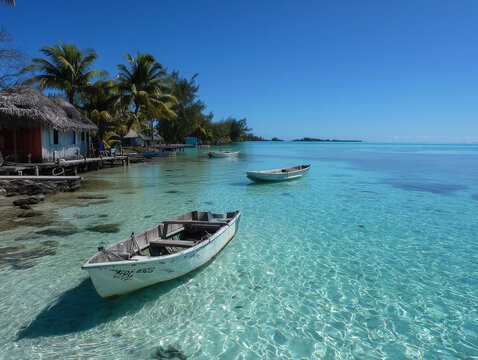 French polynesia tropical lagoon with traditional boats and huts