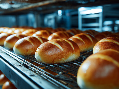 Fresh baked golden bread rolls cooling in bakery oven