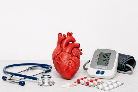 Human heart model, stethoscope, blood pressure monitor, and medication on white background