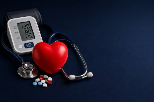 Blood pressure monitor with stethoscope, red heart and medicine pills on dark blue background. Cardiovascular disease diagnostics and medical checkup concept for heart health care.