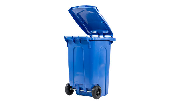 Large blue plastic waste bin with an open lid standing on wheels for efficient garbage disposal and recycling collection services isolated on transparent background