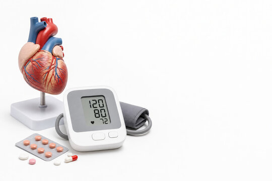 Anatomical heart model with digital blood pressure monitor and medication. Medical equipment for monitoring cardiovascular disease. Healthcare and cardiology diagnosis concept.