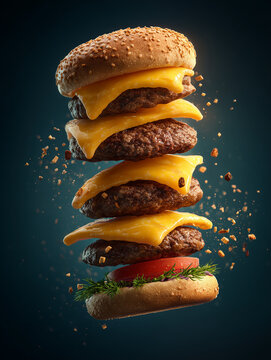 Triple cheeseburger ingredients levitating with sesame bun crumbs flying