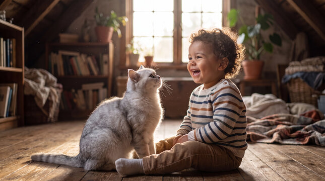 International Cat Day: a happy toddler hugs a cute silver cat by an attic window, celebrating family pet love for cozy greeting and marketing visuals