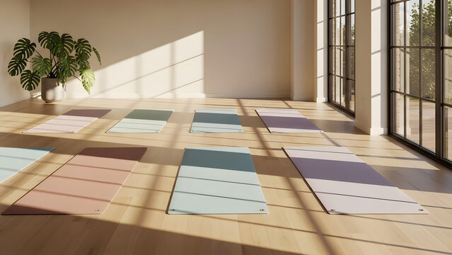 Sunlit Yoga Studio with Mats, Natural Light, and Plants