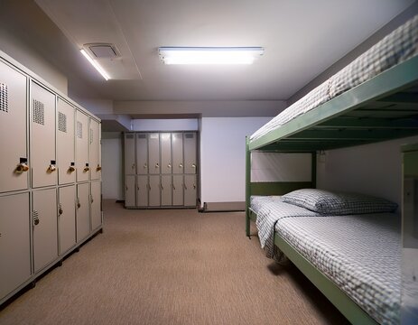 immaculate modern barracks room with perfectly made beds and lockers