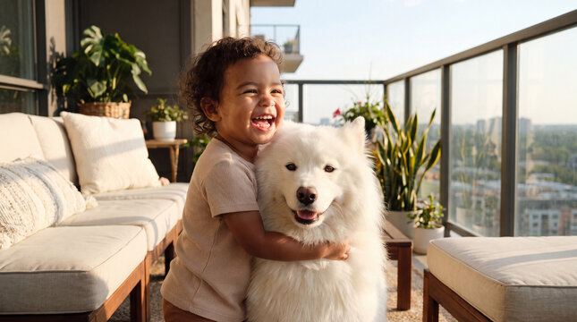 A happy toddler embraces a samoyed on a sunny balcony for National Dog Day warm lifestyle promotional content
