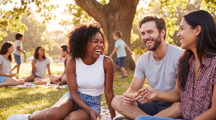 Fototapeta premium International Friendship Day picnic shows young friends chatting under a shady tree on a bright summer lawn for greeting posters