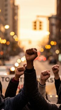 Multi ethnic people raising their fists up in the air, Generative Ai illustration