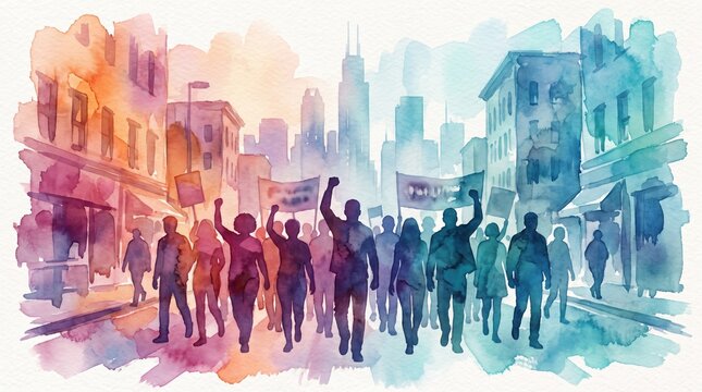Diverse crowd walking in protest march towards city skyline