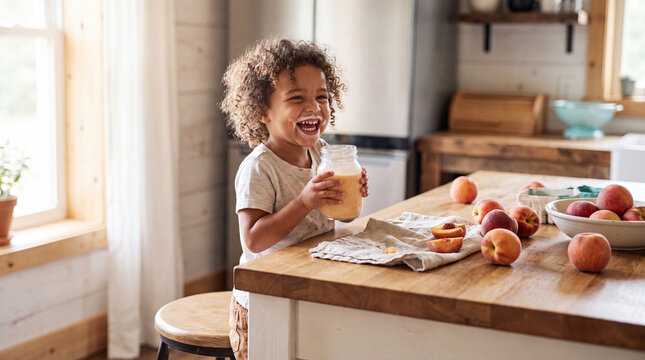 A laughing child sips a fresh peach smoothie in a bright kitchen for healthy summer drink advertising and social media