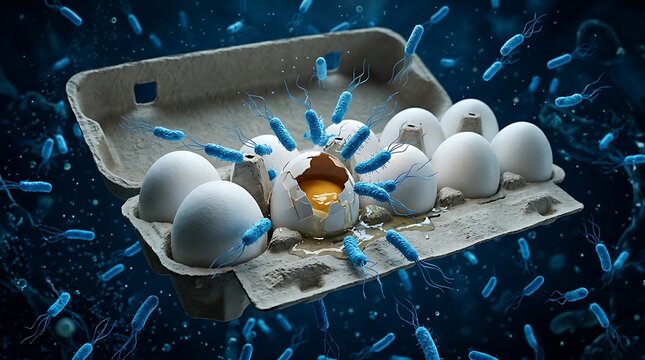 Conceptual illustration of salmonella bacteria contaminating a carton of eggs, highlighting food safety risks and bacterial infection in raw food products