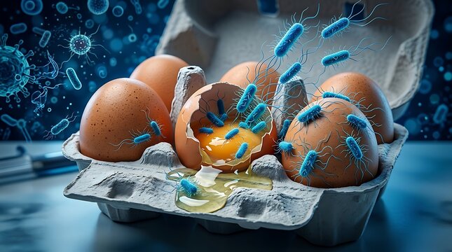 Conceptual illustration of salmonella bacteria contaminating a carton of raw chicken eggs, highlighting food safety and health risks of bacterial infection