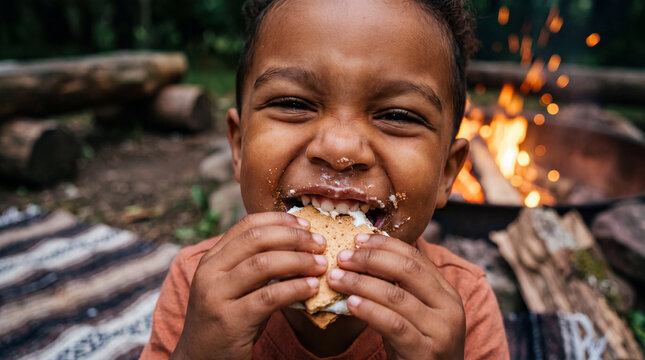 A laughing toddler takes a big bite of a gooey s'more in a close-up shot for National S'mores Day food and lifestyle marketing