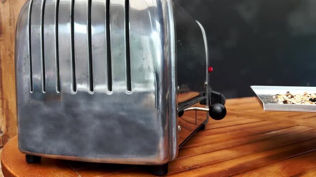 Closeup of a man&rsquo;s hand removing the crumb tray from the bottom of a traditional chrome toaster, then emptying it and slotting it back into place,