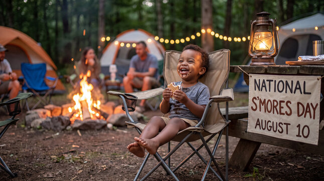 A joyful toddler sits in a camping chair and eats a s'more by lantern light for National S'mores Day outdoor lifestyle content