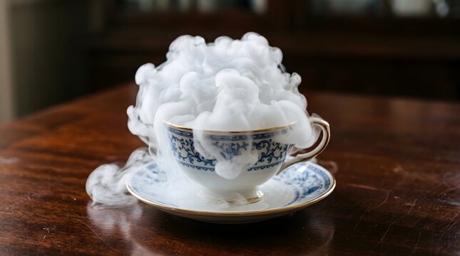 Vintage porcelain teacup overflowing with thick white dry ice smoke on a wooden table for creative beverage advertising and mysterious conceptual art
