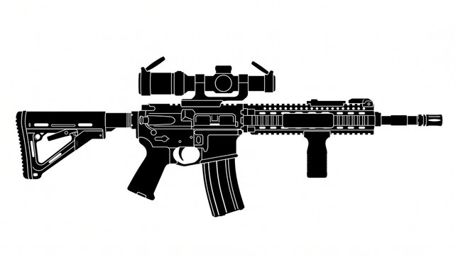 Detailed black silhouette vector illustration of a modern military assault rifle with optical scope and tactical accessories isolated on white background