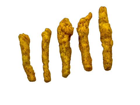 Five Spicy Crunchy Cheese Corn Puffs Snacks ( kurkure ) on Transparent Background Perfect for food packaging, snack marketing, advertising, and culinary design layouts.