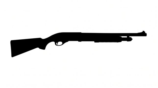 Bold black silhouette of a pump-action shotgun, a powerful firearm commonly used for hunting, sport shooting, and security, presented as a minimalist graphic illustration