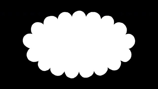 Oval hand drawn empty white vintage scalloped frame, speech bubble or cloud looping animation on black background