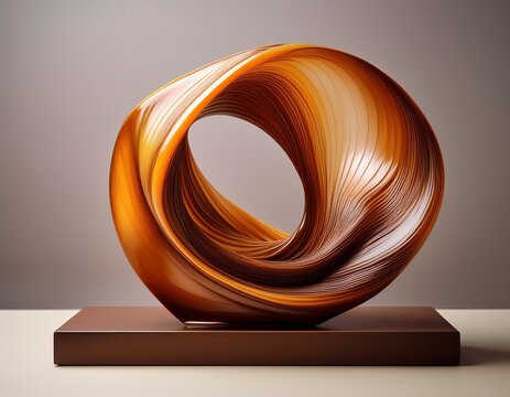 abstract sculpture smooth twisted amber and brown tones on a square base neutral background