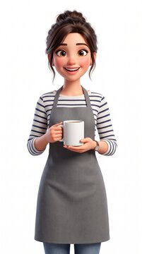 Young female barista holding a white coffee mug with a smile. Cheerful cafe worker presenting ceramic cup for morning brew service.