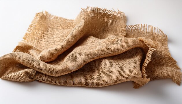 tan burlap fabric textured and crumpled with frayed edges against a white background