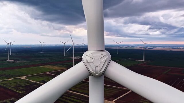 Aerial view of wind turbine hub and blades over the Kaigu purvs peat bog landscape in Livberze parish, Jelgava Municipality, Latvia.