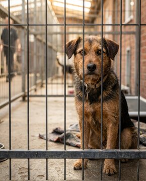 Dog sitting behind cage bar in animal shelter