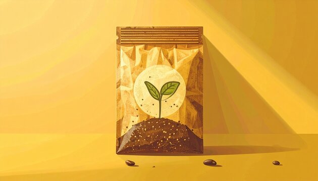 Golden Seed Packet with Sprouting Plant Design on Yellow Background.