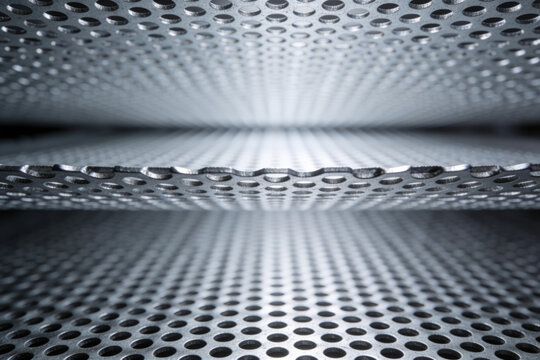 Overlapping steel mesh layers creating a moire interference pattern, geometric grey abstract