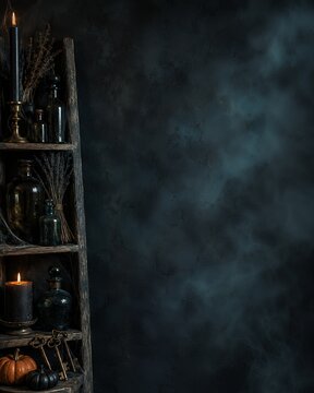 Halloween copy space background featuring witch shelf with apothecary bottles, glowing candles, brass keys, and pumpkins against smoky dark wall