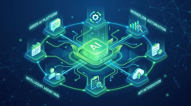 Green AI Platform Concept for Sustainable Technology, Workflow Automation, Intelligent Agent Hub, and API Integration 3D Isometric Illustration