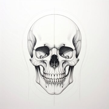 Detailed anatomical skull drawing in pencil on white background.
