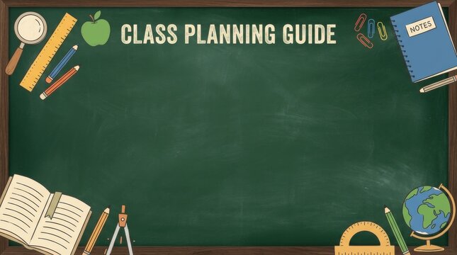Class planning guide text on green chalkboard with school supplies border