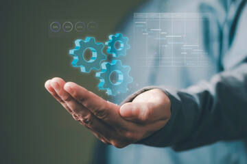 Obraz premium Automation workflow and system integration, gears, connected data nodes, process automation, digital transformation, business workflow management, data synchronization, enterprise system optimization.