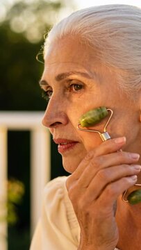 Vertical video: Senior woman rolling jade roller on porch as sun urging care, cream top white rail