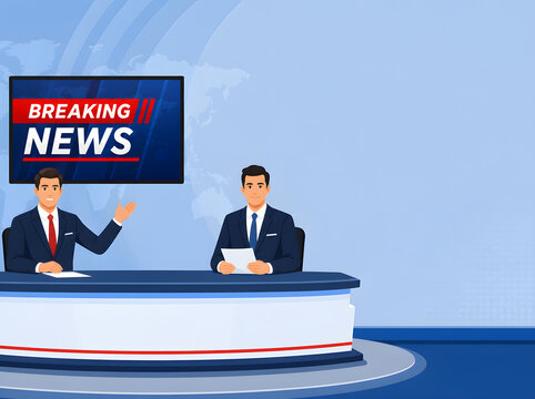 TV news studio background illustration featuring professional news anchor and presenter delivering live breaking news report broadcast on television