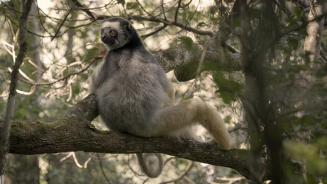 Indri lemur sitting on a mossy tree branch in a sunlit forest