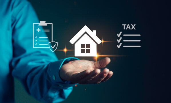 Property tax management Real estate investment, home protection plan and financial security for residential home. Hand holding house icon between medical insurance and tax checklist.