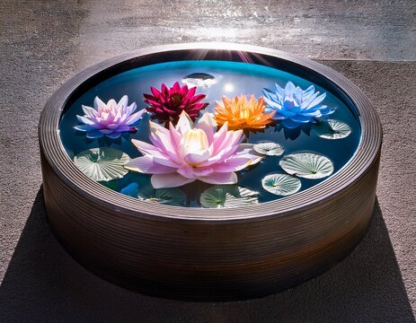 water art installation aqua lumina featuring floating lotus flowers in a circular basin on a concrete background