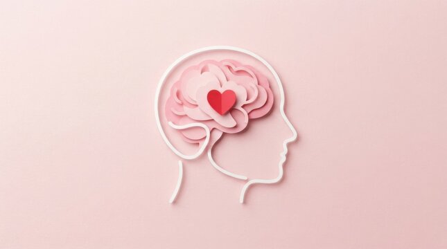 Paper cut illustration of a human profile with a brain and heart on pink