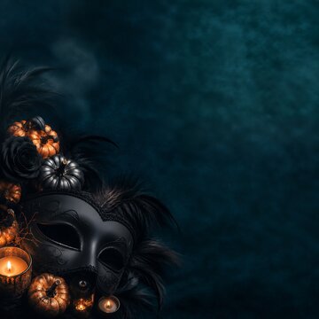 Halloween copy space background with dramatic masquerade mask and glowing candles for autumn party invitations
