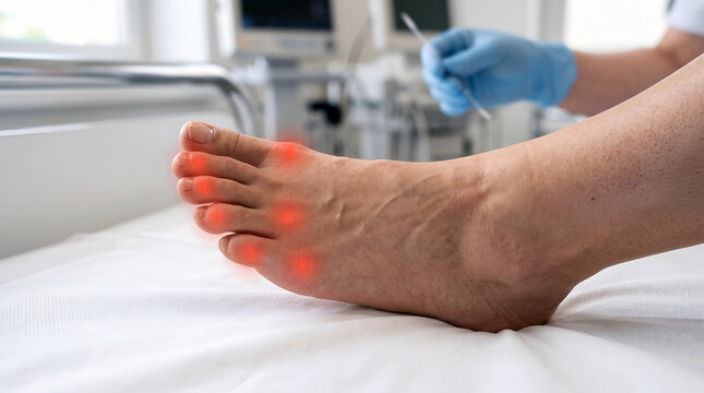 Patient foot resting on a clinic bed during a sensitivity test highlighted with a red pain marks