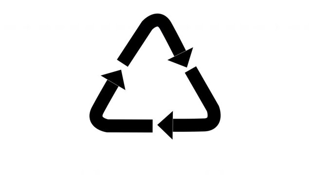4K Plastic Recycling Symbol Animated Loop Black Icon White Background.